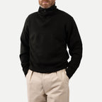 Men's black ribbed half-zip sweater with high collar