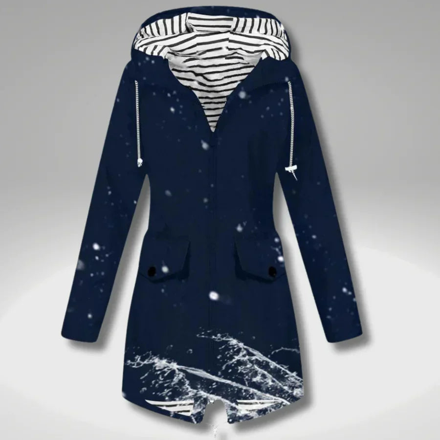 Women's hooded trench coat with long sleeves, zip front and flap pockets