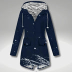 Women's hooded trench coat with long sleeves, zip front and flap pockets
