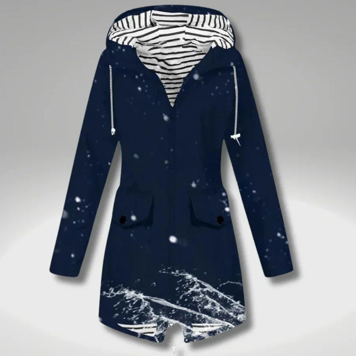Women's hooded trench coat with long sleeves, zip front and flap pockets