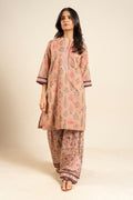 Women's peach floral shirt and trouser set with mandarin collar and patterned trims