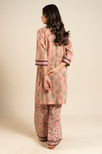 Women's peach floral shirt and trouser set with mandarin collar and patterned trims