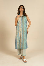 Women's blue floral striped sleeveless long blouse with collar