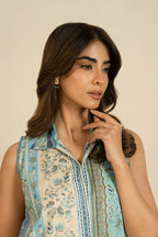 Women's blue floral striped sleeveless long blouse with collar