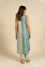 Women's blue floral striped sleeveless long blouse with collar