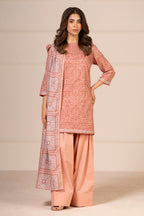 Women's peach geometric shirt and dupatta set with 3/4 sleeves and wide-leg trousers