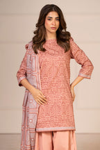 Women's peach geometric shirt and dupatta set with 3/4 sleeves and wide-leg trousers