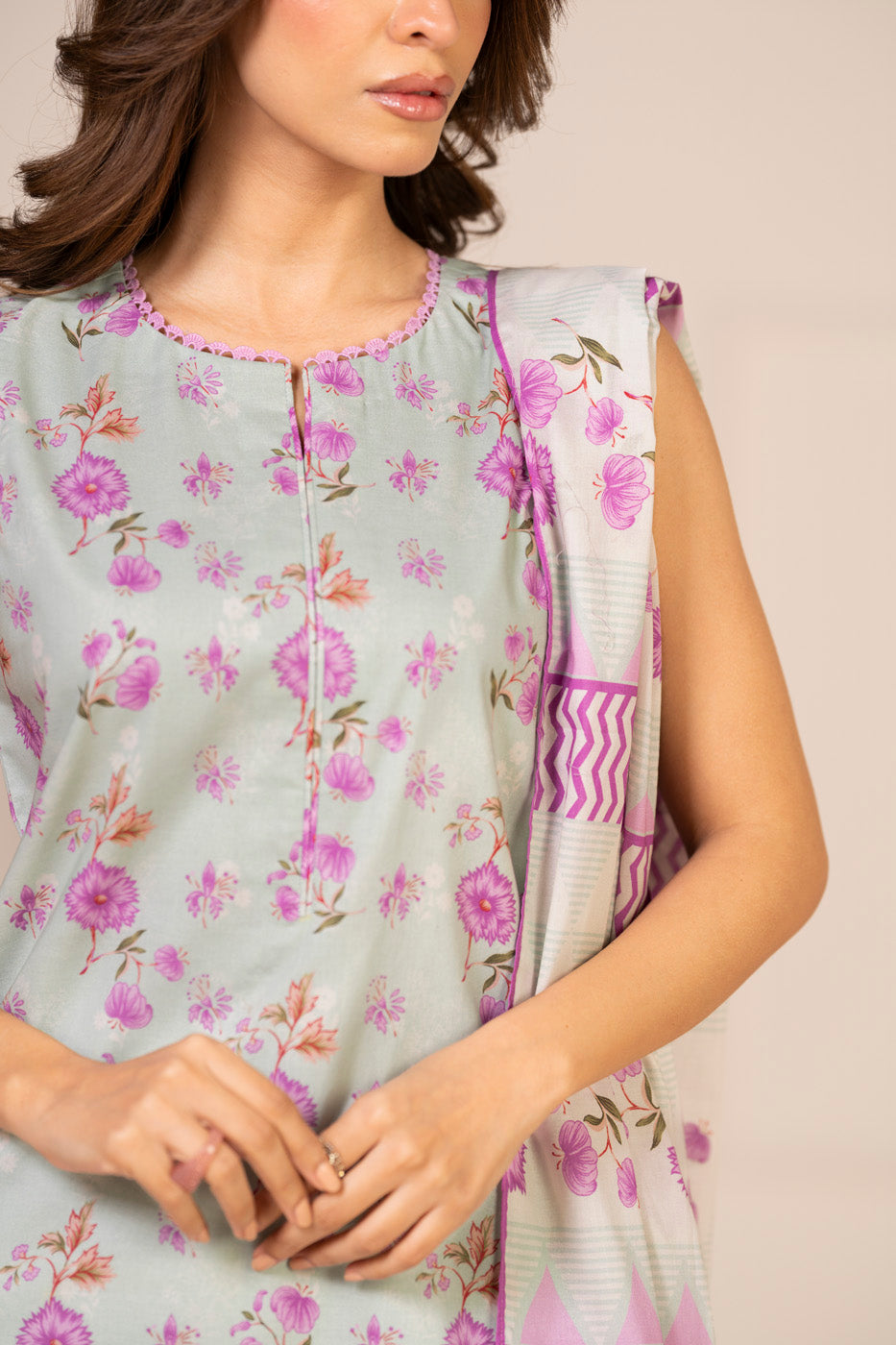 Women's light blue floral shirt and dupatta set with pink detailing