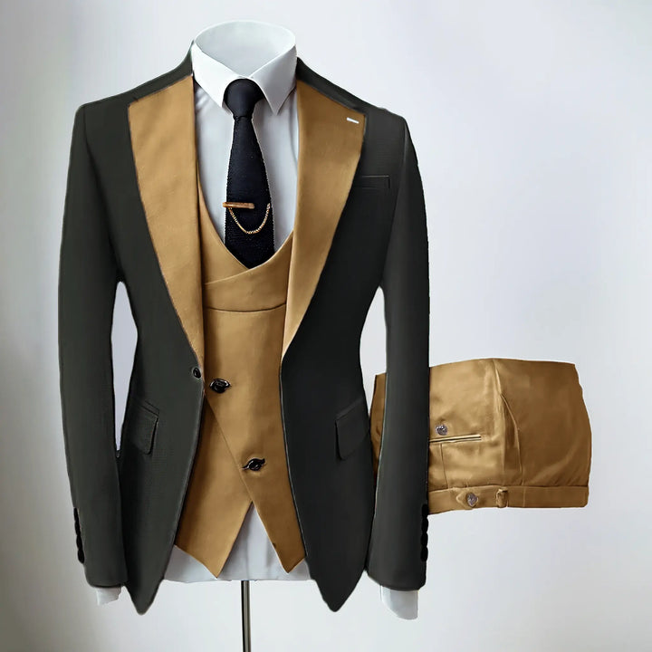 Men's slim fit three-piece suit with contrasting notch lapels and button-front waistcoat