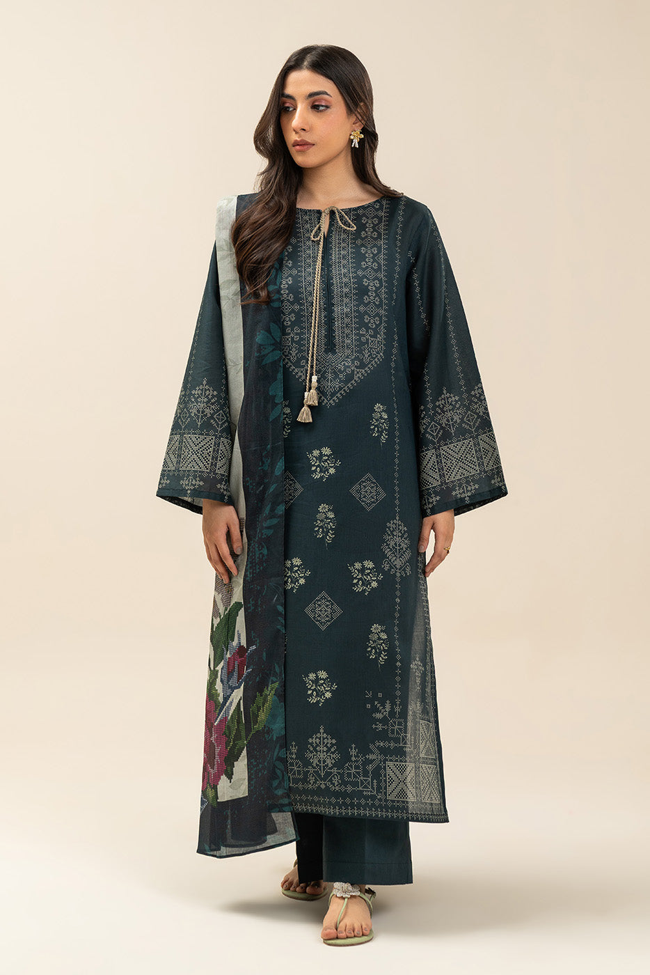 Women's multicolour printed three-piece suit with long tunic, trousers and scarf