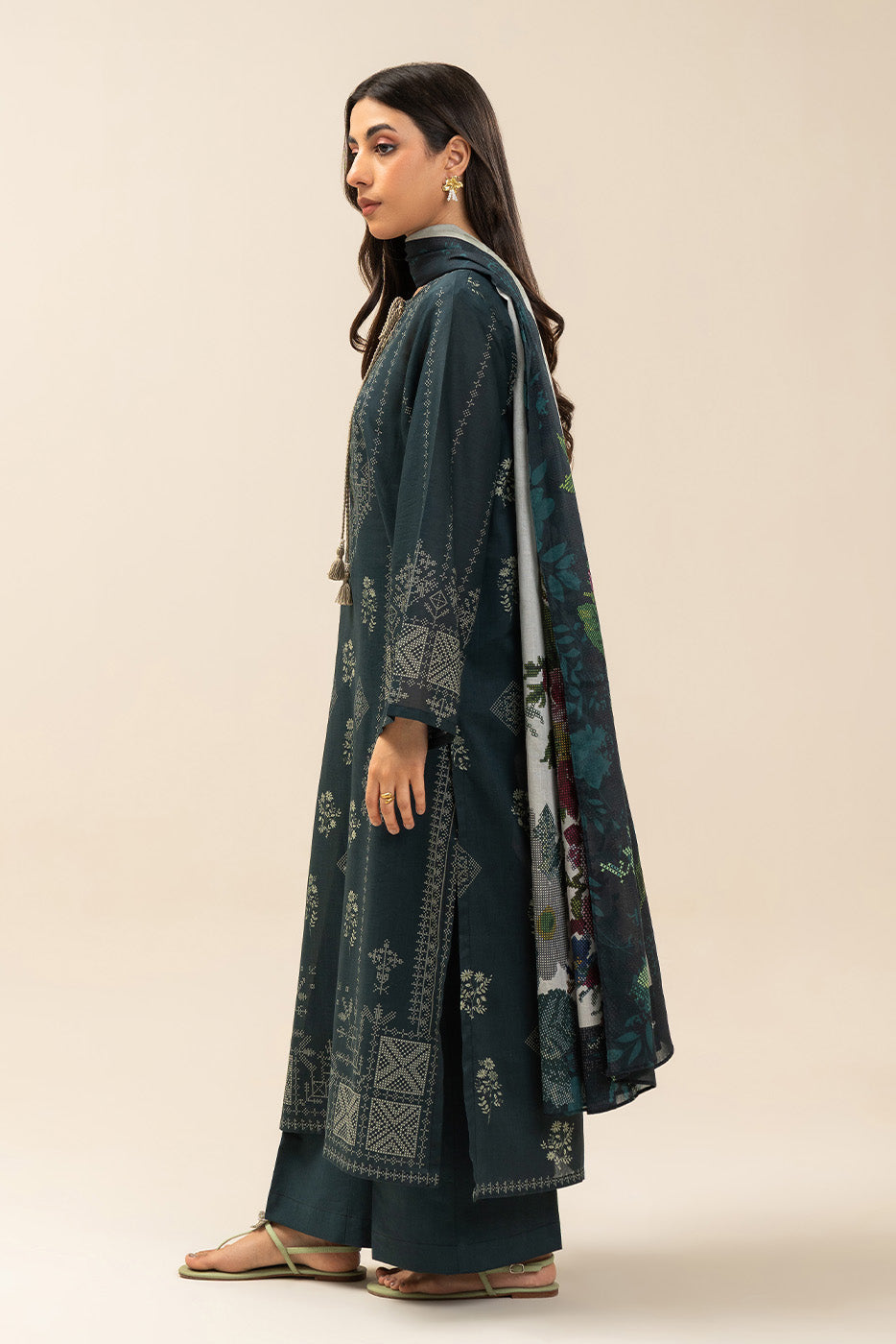Women's multicolour printed three-piece suit with long tunic, trousers and scarf