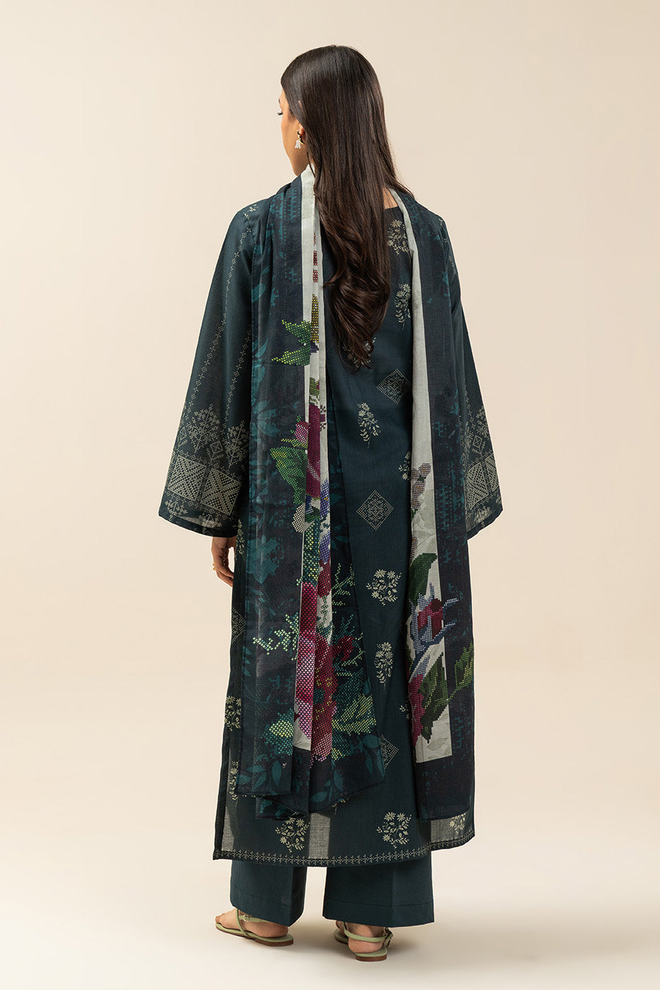 Women's multicolour printed three-piece suit with long tunic, trousers and scarf
