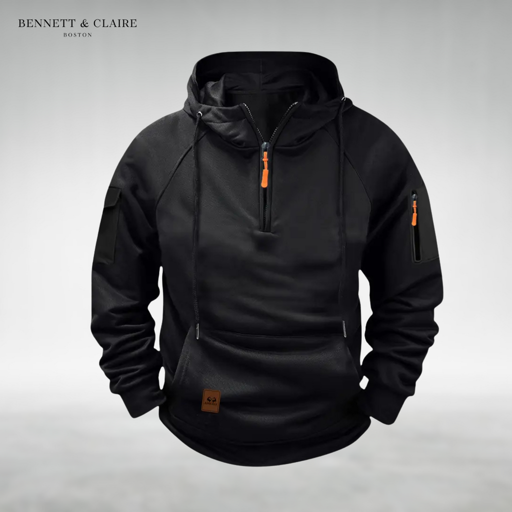 Men's half-zip hooded sweatshirt with long sleeves, drawstrings and front pouch pocket