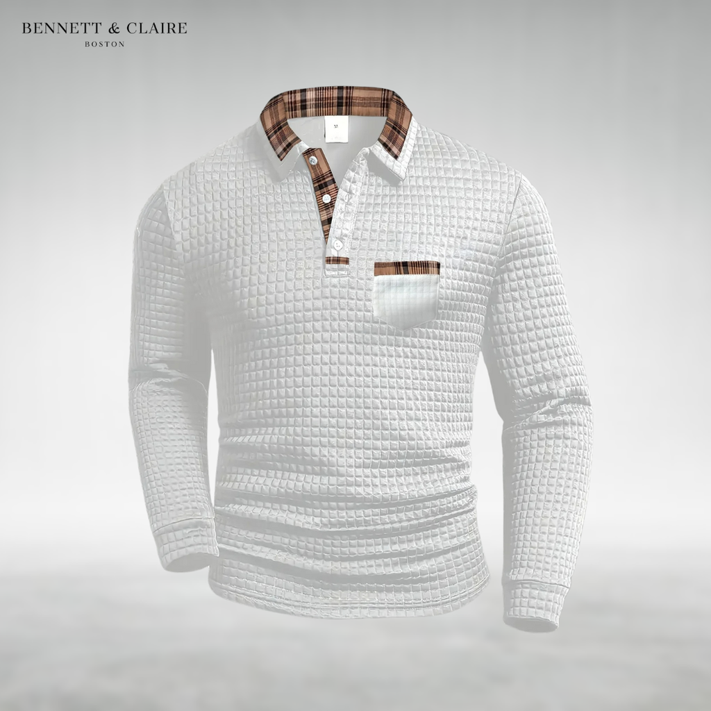 Men's textured polo sweater with checked collar, button placket and chest pocket