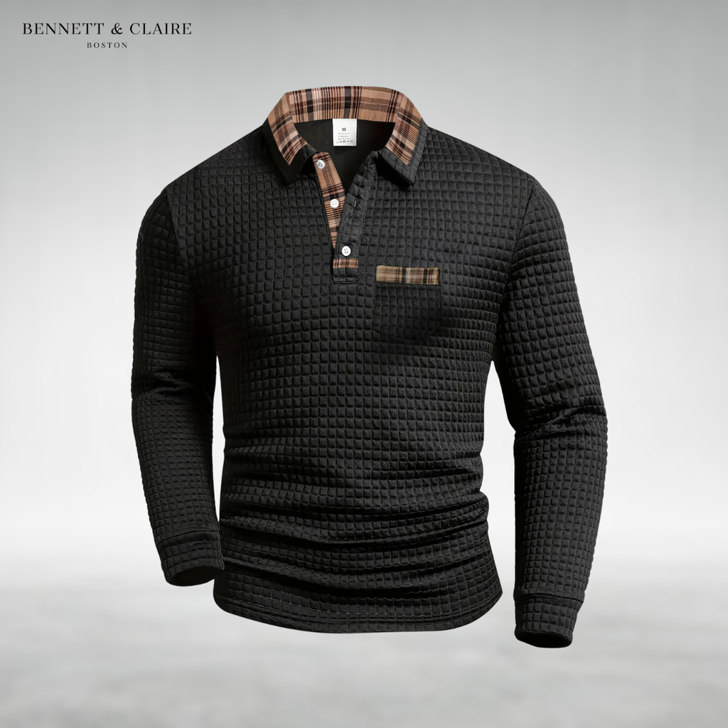 Men's textured polo sweater with checked collar, button placket and chest pocket