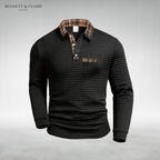 Men's textured polo sweater with checked collar, button placket and chest pocket