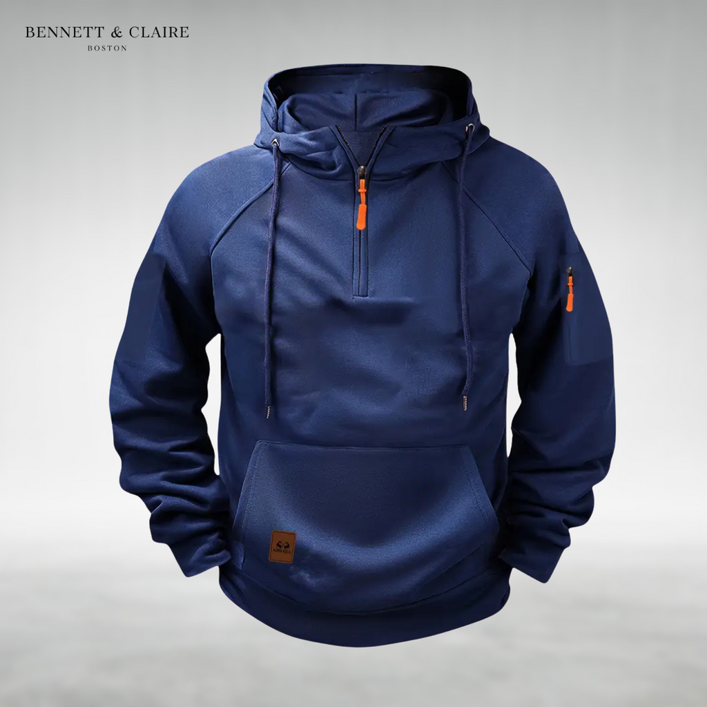 Men's half-zip hooded sweatshirt with long sleeves, drawstrings and front pouch pocket