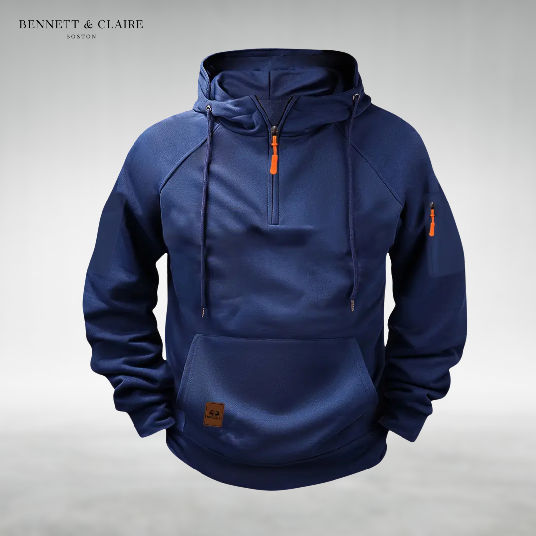Men's half-zip hooded sweatshirt with long sleeves, drawstrings and front pouch pocket