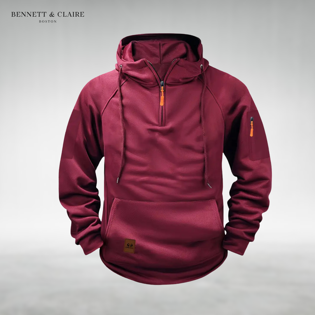Men's half-zip hooded sweatshirt with long sleeves, drawstrings and front pouch pocket