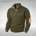 Men's textured mock neck sweater with contrast elbow patches and long sleeves