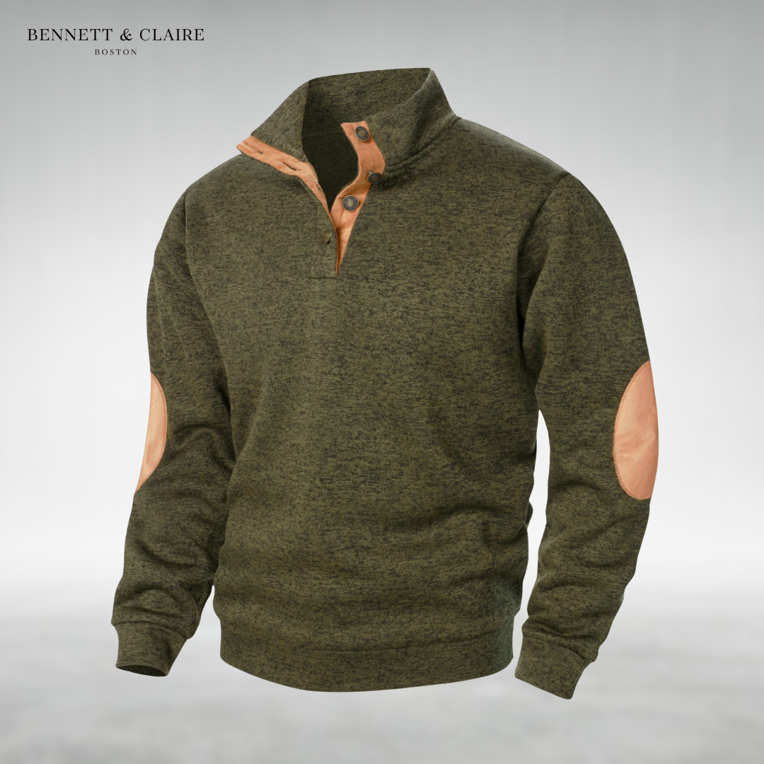 Men's textured mock neck sweater with contrast elbow patches and long sleeves
