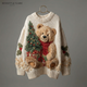 Women's Christmas sweater with teddy bear, Christmas tree and festive sleeve motifs