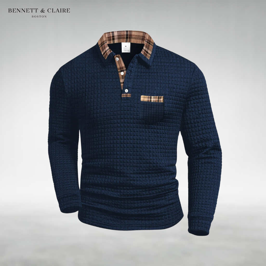 Men's textured polo sweater with checked collar, button placket and chest pocket