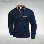 Men's textured polo sweater with checked collar, button placket and chest pocket