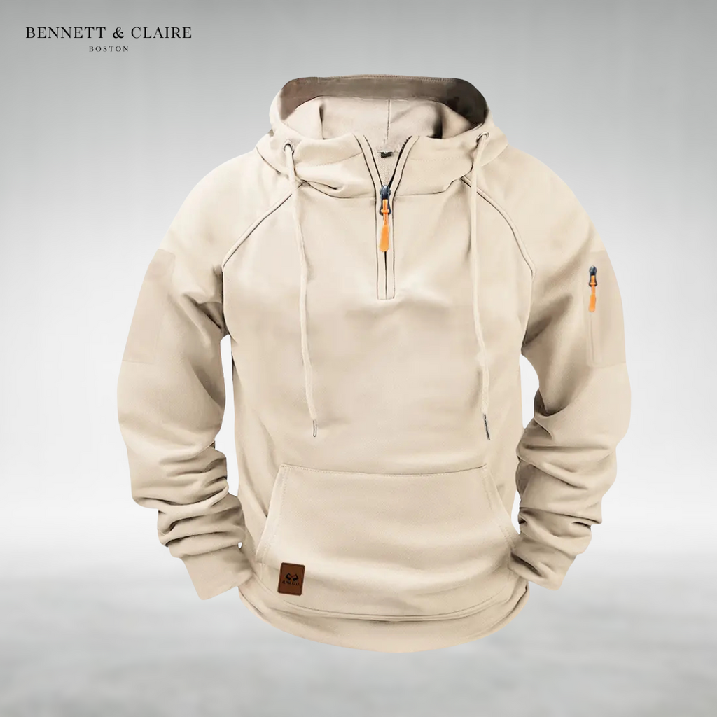 Men's half-zip hooded sweatshirt with long sleeves, drawstrings and front pouch pocket