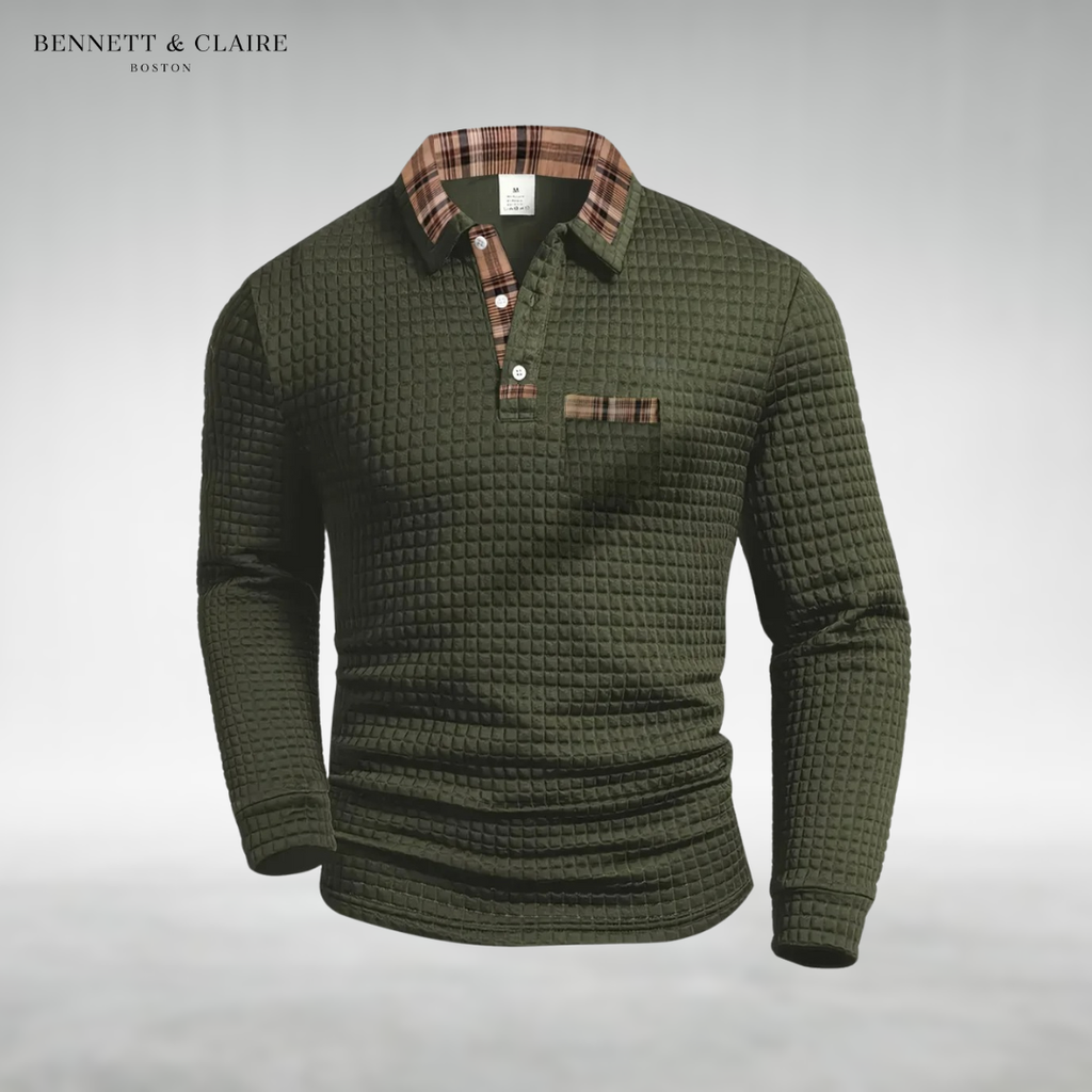 Men's textured polo sweater with checked collar, button placket and chest pocket