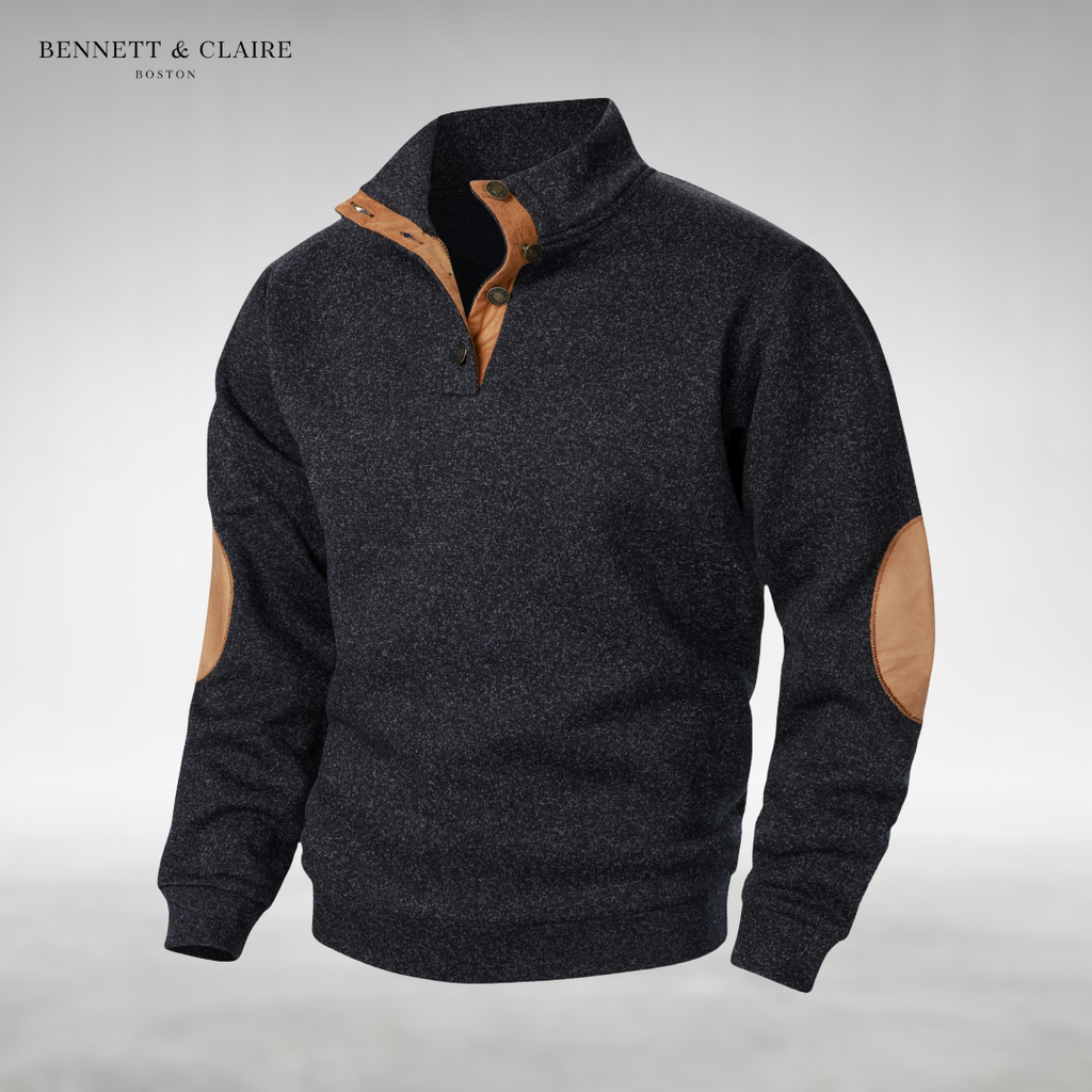Men's textured mock neck sweater with contrast elbow patches and long sleeves