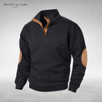 Men's textured mock neck sweater with contrast elbow patches and long sleeves