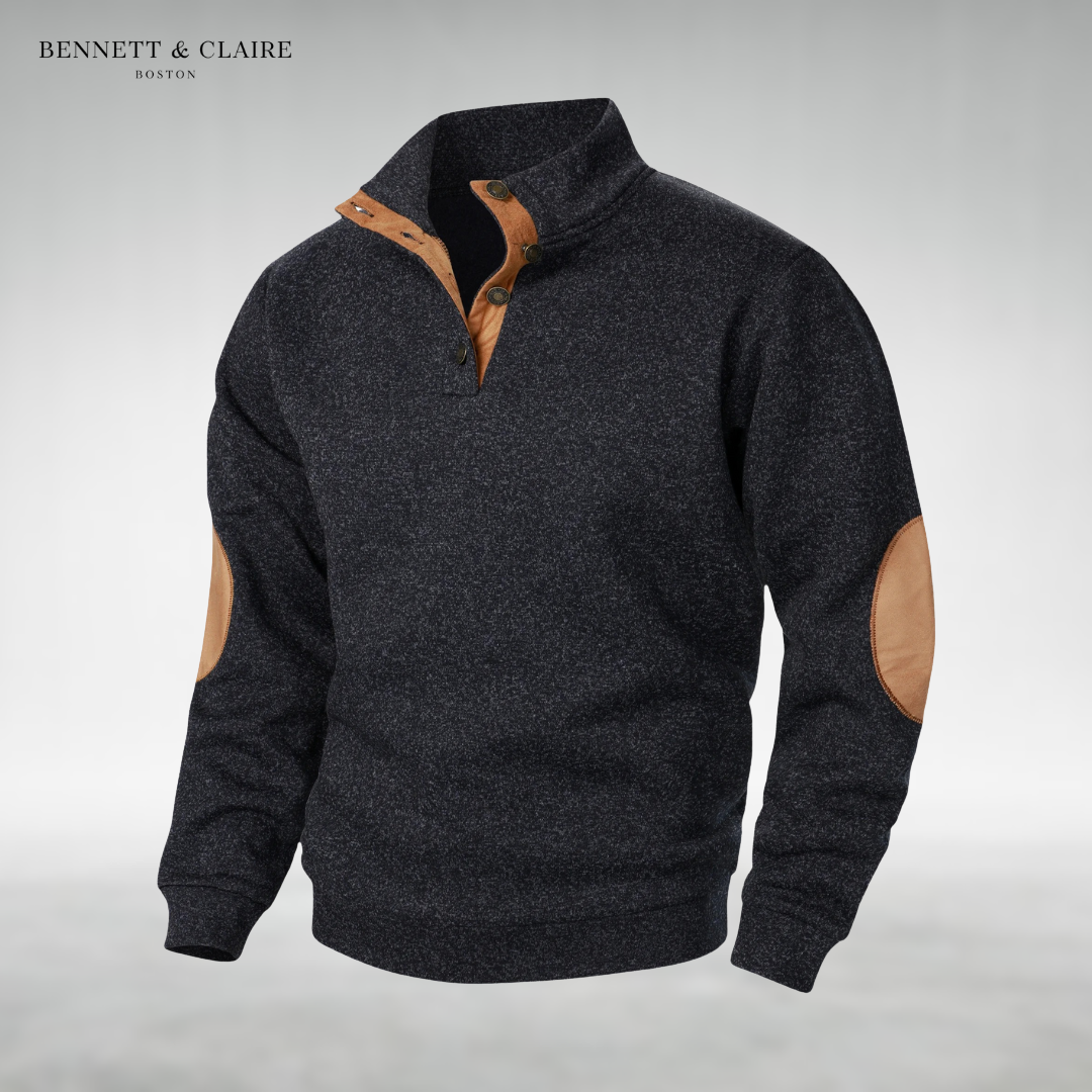 Men's textured mock neck sweater with contrast elbow patches and long sleeves