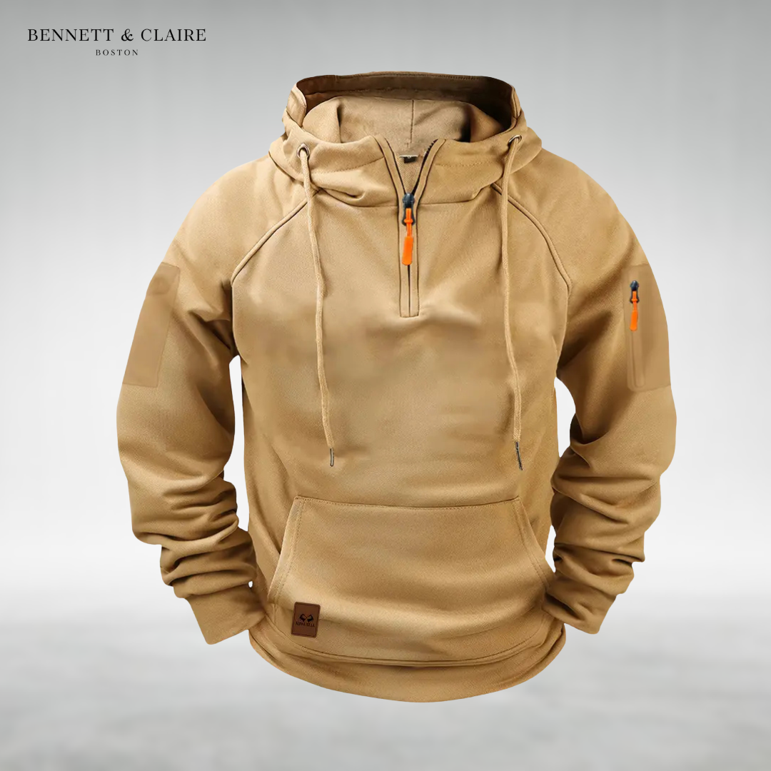 Men's half-zip hooded sweatshirt with long sleeves, drawstrings and front pouch pocket