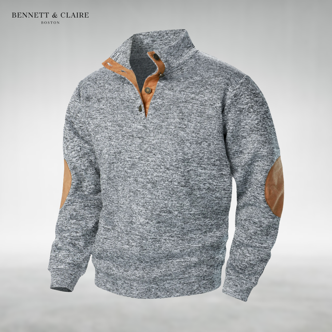 Men's textured mock neck sweater with contrast elbow patches and long sleeves