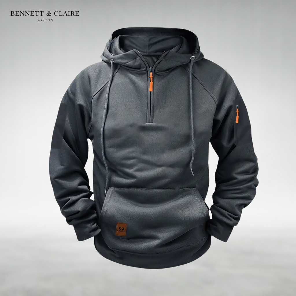 Men's half-zip hooded sweatshirt with long sleeves, drawstrings and front pouch pocket