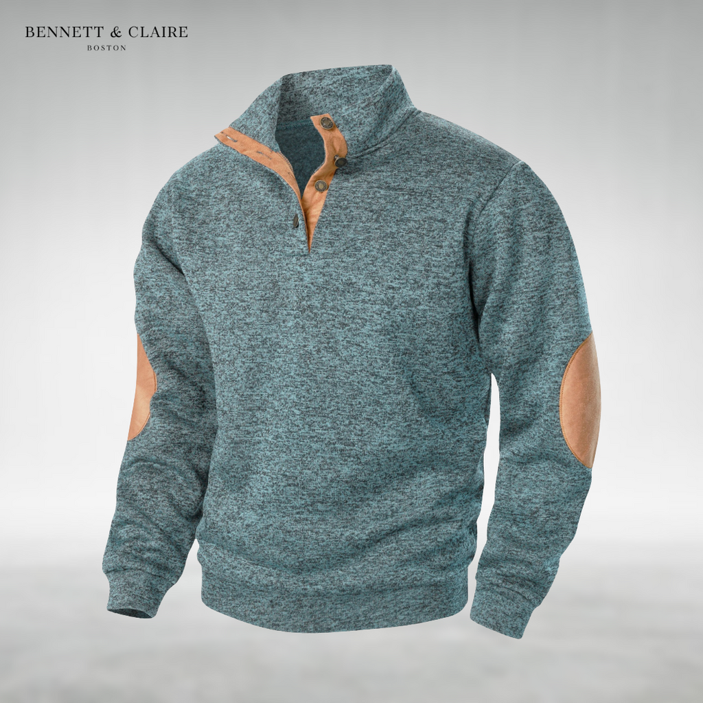 Men's textured mock neck sweater with contrast elbow patches and long sleeves
