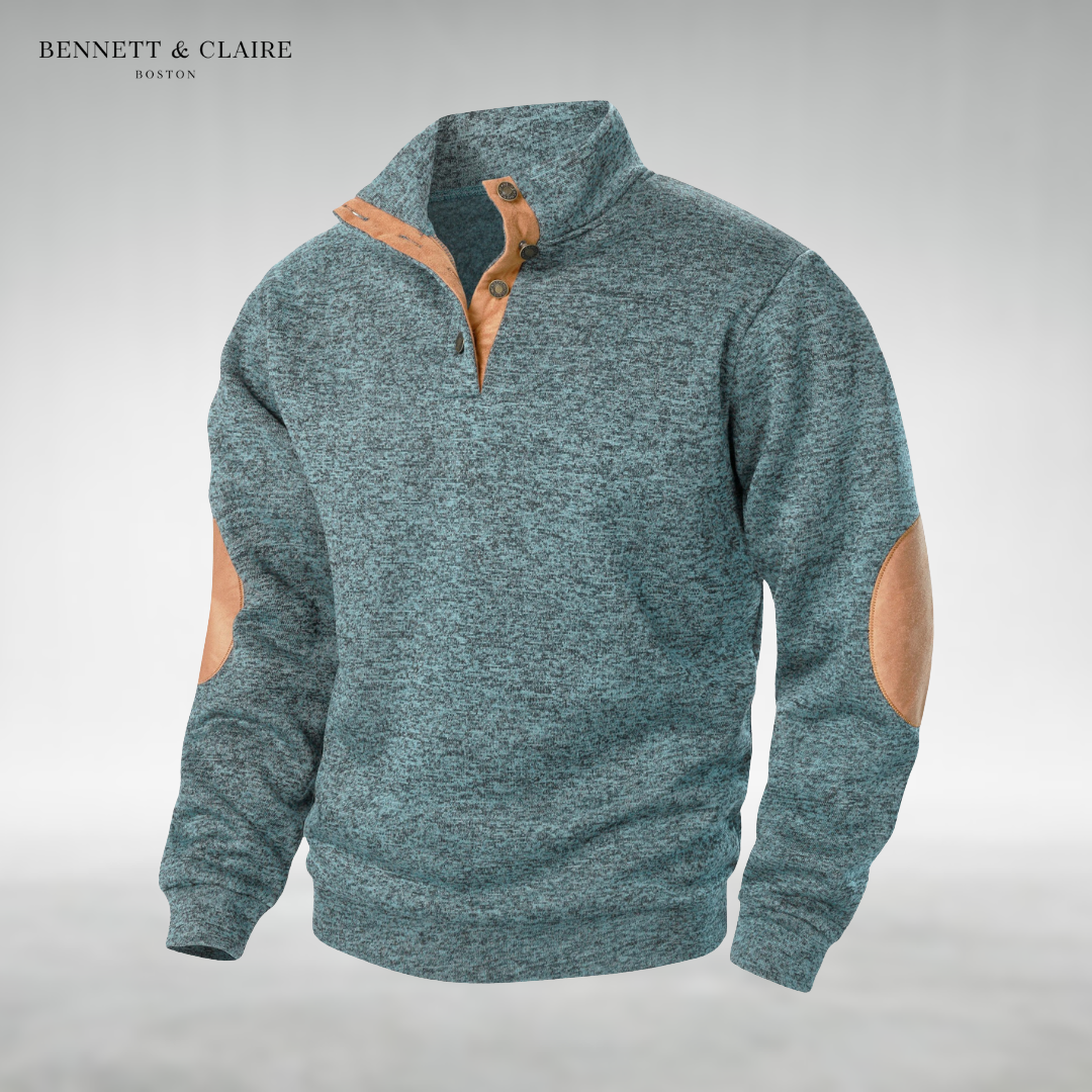 Men's textured mock neck sweater with contrast elbow patches and long sleeves