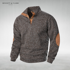 Men's textured mock neck sweater with contrast elbow patches and long sleeves