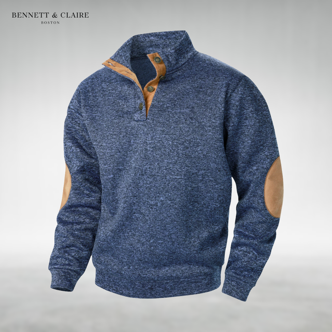 Men's textured mock neck sweater with contrast elbow patches and long sleeves