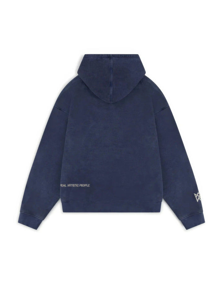 Women's blue graphic hoodie with text design and kangaroo pocket