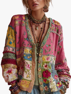 Women's pink floral patchwork cardigan with hood and buttons