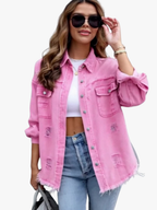 Women's pink distressed denim jacket with pockets and frayed hem