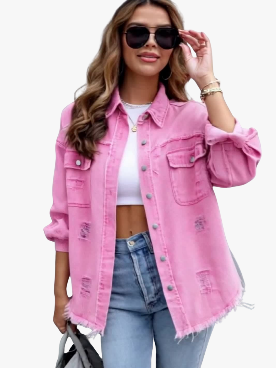 Women's pink distressed denim jacket with pockets and frayed hem