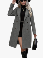 Women's double-breasted mid-length trench coat with notched collar and flap pockets