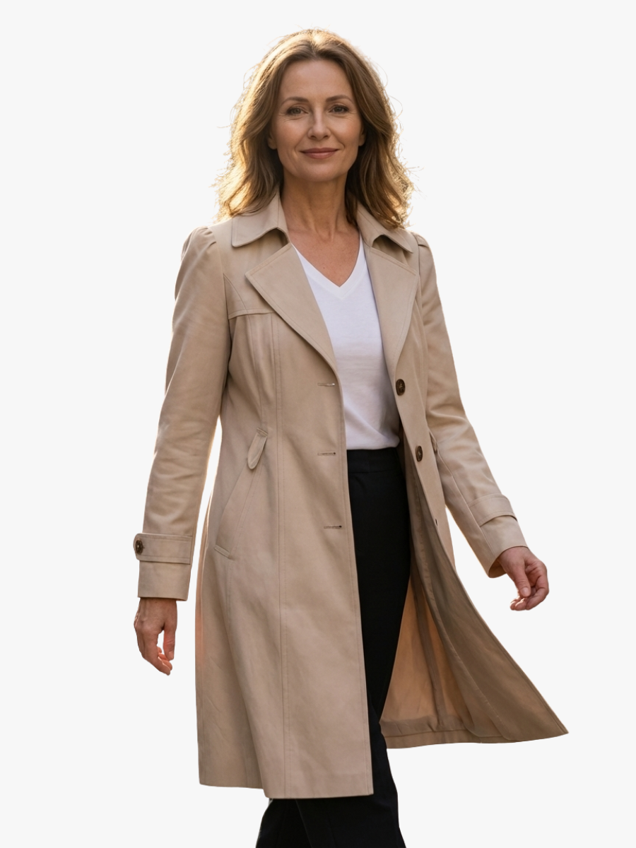 Women's structured trench coat with notched lapels, buttons and long sleeves