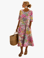 Women's multicoloured floral midi dress with round neckline and three-quarter sleeves