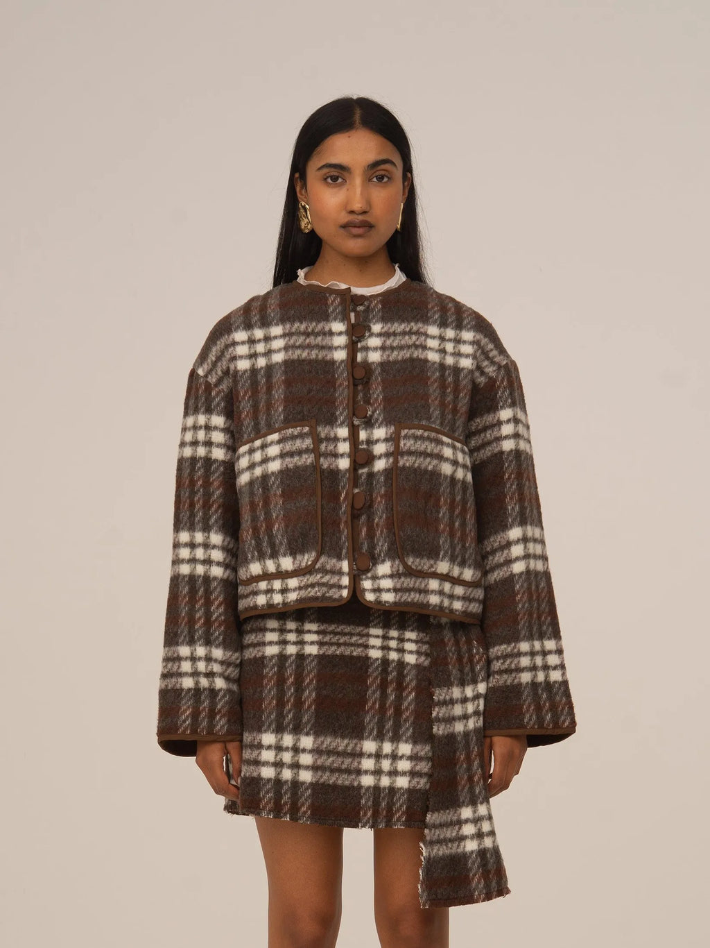 Women's brown plaid cropped jacket with patch pockets