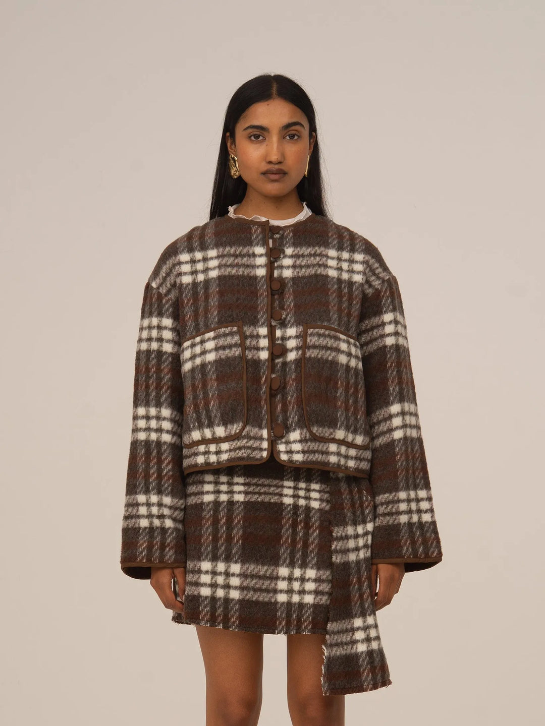 Women's brown plaid cropped jacket with patch pockets