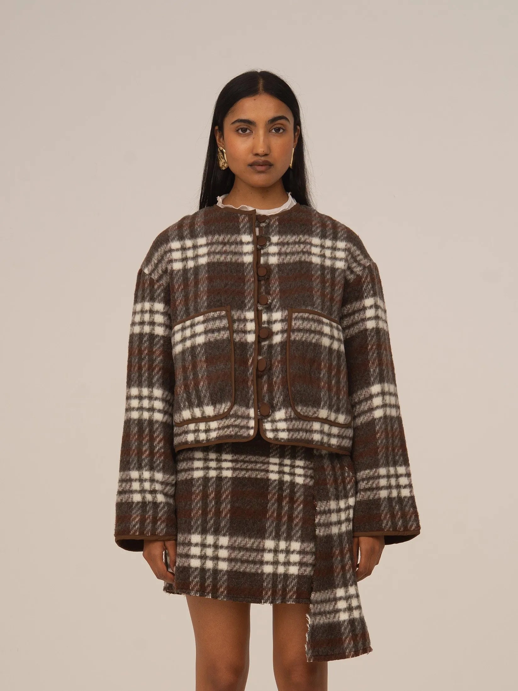Women's brown plaid cropped jacket with patch pockets